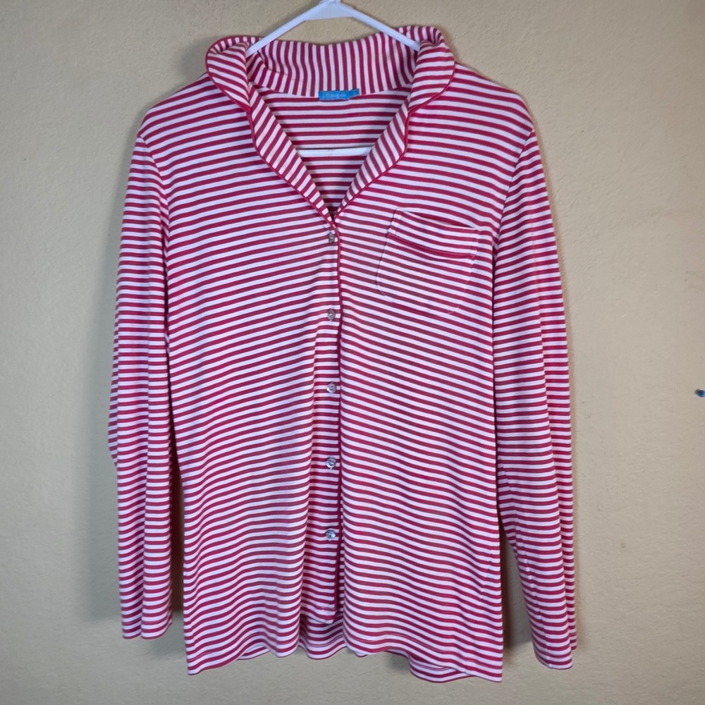 J.McLaughlin Red White Striped‎ Pima Cotton Button Front Pajama Top Womens L